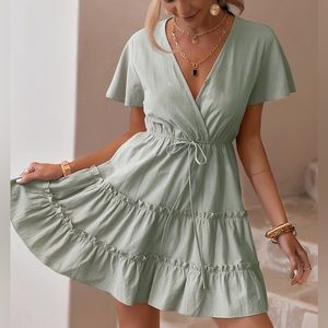 NWT Simplee Mint Green Surplice Neck Tie Waist Tiered V-Neck Dress